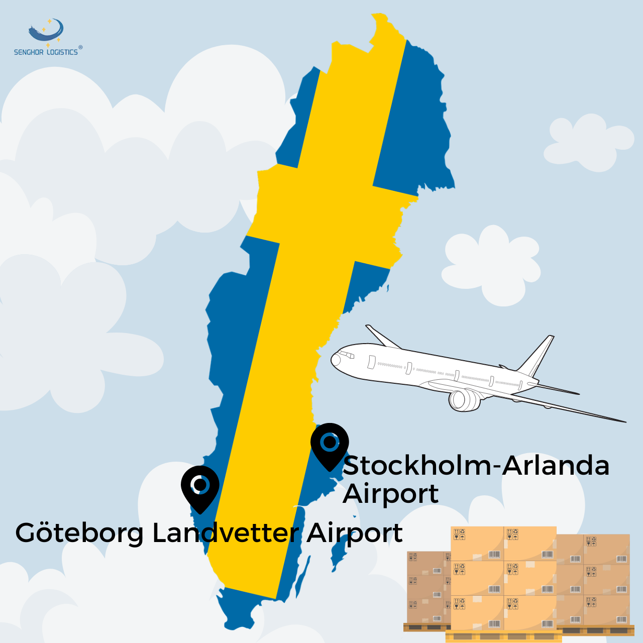 transporte de frete aéreo da China para a Suécia pela Senghor Logistics