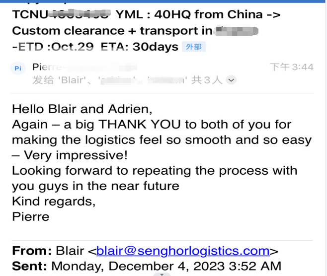 positive feedback from canadian customer to senghor logistics 1